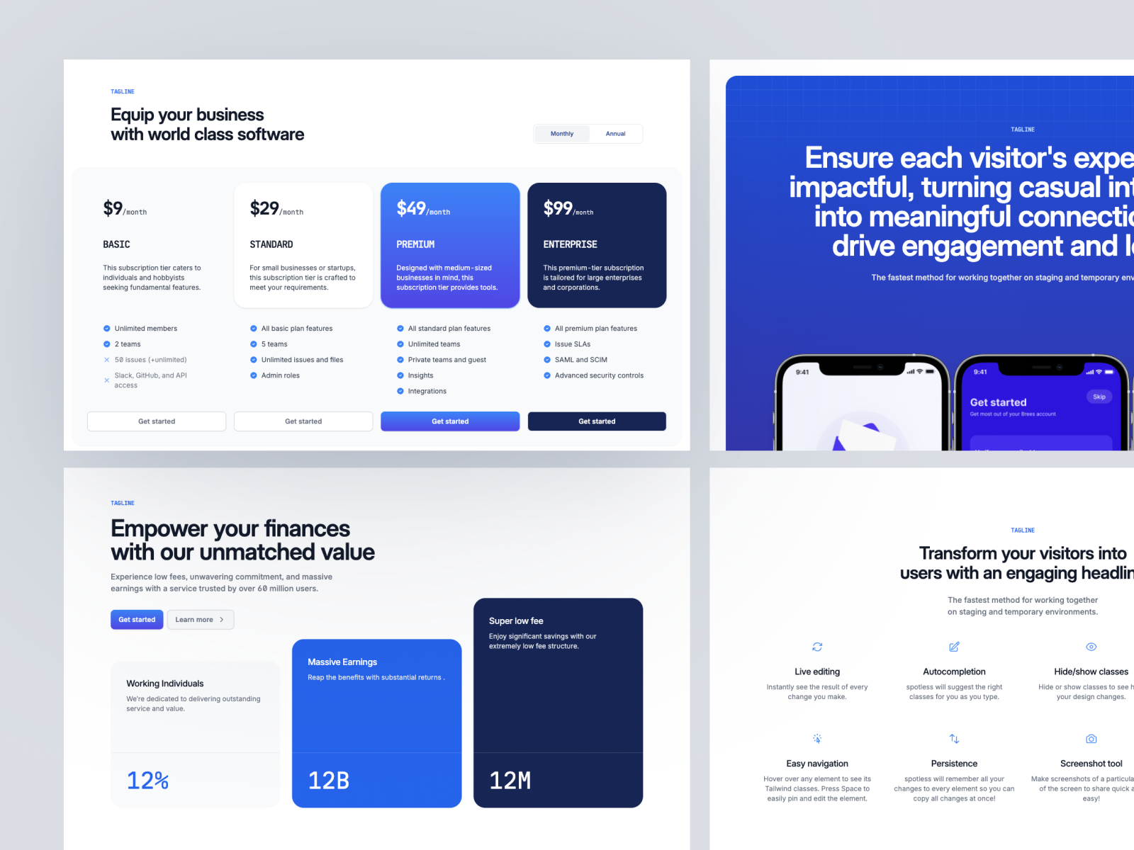 Premium components, elements and layouts For freelancers, developers, businesses, and personal use. Beautifully crafted with Tailwind CSS and Alpine JS